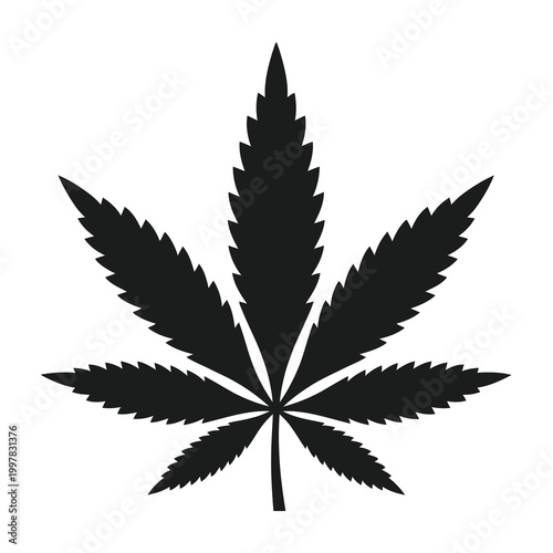 Black silhouette of a cannabis leaf on white background