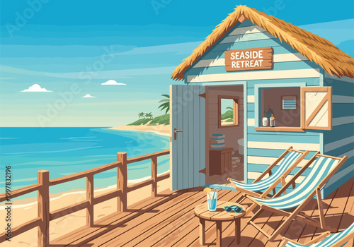 Quadro em tela A serene seaside retreat hut with deck chairs and a refreshing drink