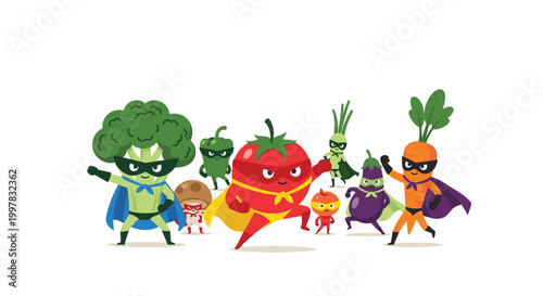 A group of anthropomorphic vegetables dressed as superheroes with masks and capes poses together in a dynamic formation against a clean white background in flat style.