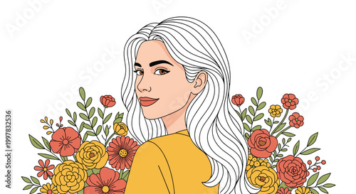 A portrait of a woman with long white hair wearing a yellow top looks over her shoulder, framed by a dense arrangement of colorful flowers on white background.
