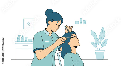 A professional beautician uses tweezers to groom a client's eyebrows in a clean and minimalist salon setting with soft blue tones and simple line art.