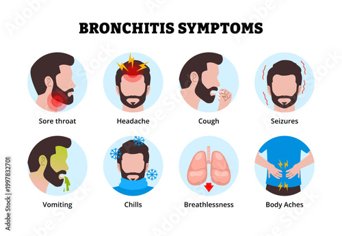 Bronchitis symptoms icon. Labeled man sore throat headache cough seizures, vomiting chills breathless and body aches. Medical science educational illustration.