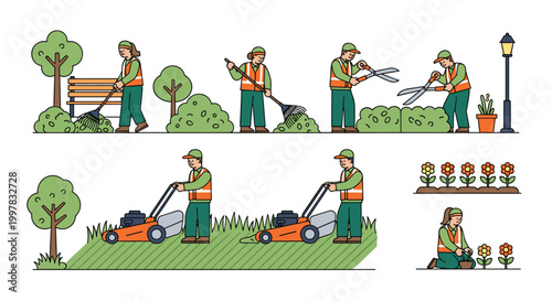 A team of gardeners wearing high-visibility orange vests and green trousers perform various landscaping maintenance tasks in a bright and clean outdoor park setting.