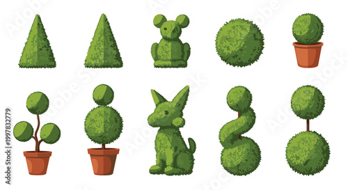 A set of various green topiary plants in terracotta pots and standalone animal-shaped sculptures is arranged against a clean white background in a flat vector style.