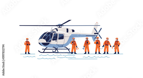 A team of rescue workers in orange uniforms stands near a white helicopter on a stylized blue water surface depicted in a clean flat vector illustration style.