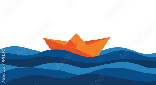 An orange folded paper boat floats steadily on stylized dark blue ocean waves against a stark white background in a simple flat design graphic illustration style.