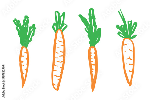 Hand drawn farm carrot plant with green leaves Fresh vegetable doodle set Healthy eco food Organic garden vegetarian food For design, print, packaging, decor, kids books