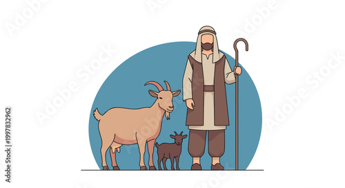 A bearded shepherd wearing traditional desert robes stands holding a wooden staff next to a large adult goat and a small kid in a simple flat vector illustration.