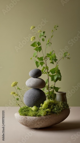 Minimalist Ikebana Style Arrangement with Stacked Zen Stones and Moss on Green Background