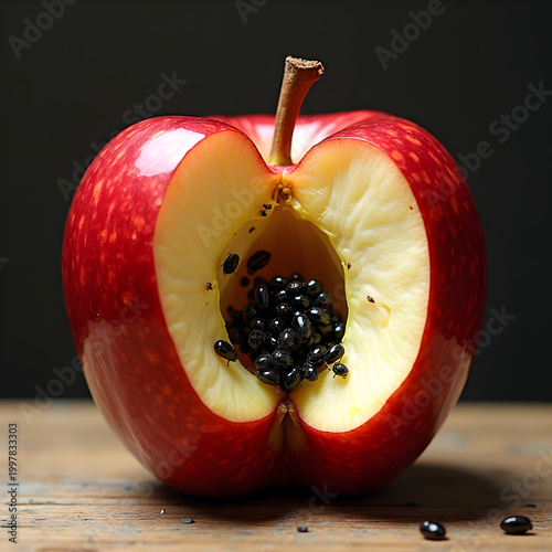 Fresh red apple cut open to reveal black rot and insects inside