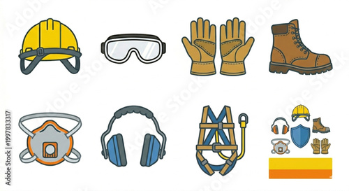 A comprehensive collection of personal protective equipment (PPE) items for workplace safety, including hard hats, goggles, gloves, boots, respirators, ear protection, and safety harnesses.