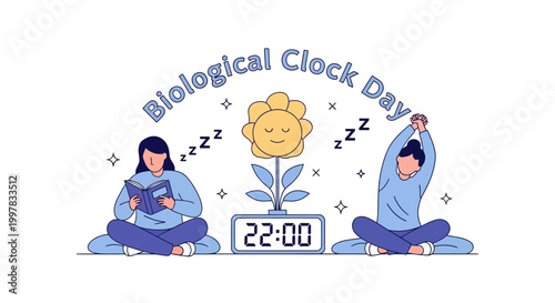 Flat vector illustration showing a woman reading a book and another stretching next to a clock and a flower, highlighting the human biorhythm and sleep cycle concept against a clean white