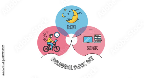 Stylized vector illustration for Biological Clock Day featuring a daily routine cycle of sleep, exercise, and work represented by icons, with a clean, minimalist design on a white