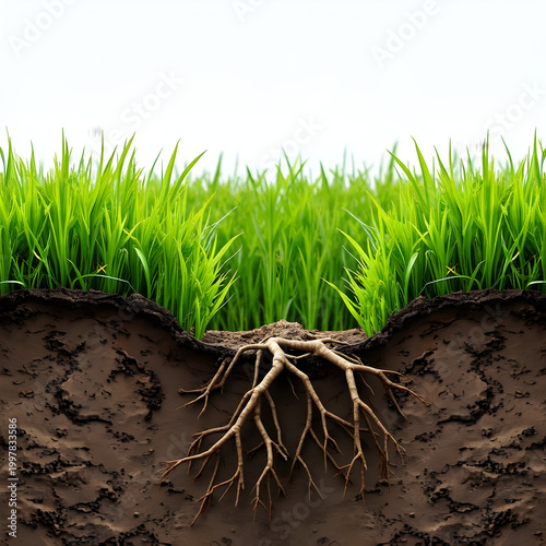 Perfect green lawn , dry earth and dead roots below