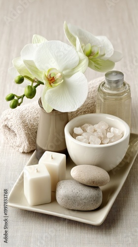 Relaxing spa treatment composition with white orchid flowers, candles and massage stones