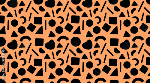 Seamless pattern design featuring black geometric shapes scattered across a vibrant orange background in a stylish modern vector illustration style