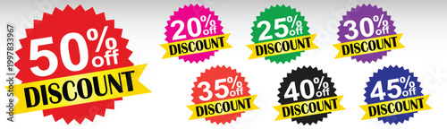 Discount labels set, 20, 25, 30, 35, 40, 45, 50, percent off price tags, colorful starburst banners, promotion element, speech bubble style stickers, vector offer badges