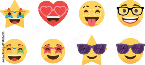 Emoji faces and star characters set with funny expressions vector illustration collection cute cartoon icons isolated design pack