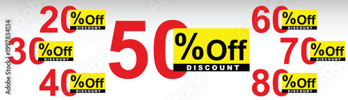 Discount labels set, 20, 30, 40, 50, 60, 70, 80, percent off price tags, yellow and red sale banners, promotion element, speech bubble style stickers, vector offer badges