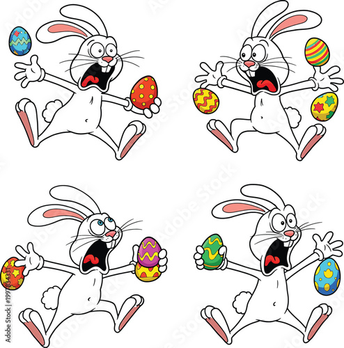 Four cartoon white rabbits with panicked expressions running and juggling colorful patterned easter eggs on a white background