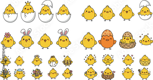 Cute chick cartoon collection with costumes eggs and emotions baby chicken characters isolated vector illustration set