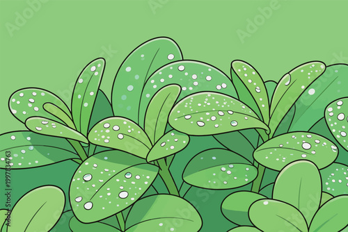 Green Cartoon Plants with Water Drops Illustration