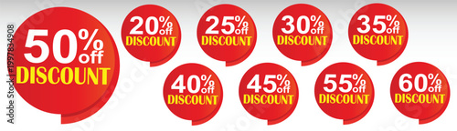 Discount labels set, 20, 25, 30, 35, 40, 45, 50, 55, 60, percent off price tags, red circle sale banners, promotion element, speech bubble style stickers, vector offer badges
