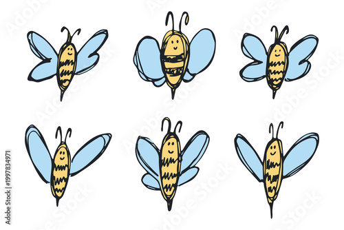 Schilderij op canvas Set of hand drawn happy funny cute honey bee clipart Adorable flying striped ins