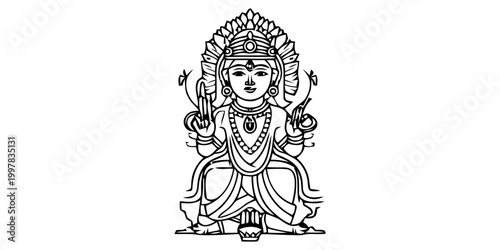 Black and white line art illustration of the hindu god lord vishnu sitting in a traditional meditative pose with ornate crown and jewelry Vector, illustration