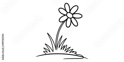 Simple line drawing of a single daisy flower growing in a small patch of grass Vector, illustration