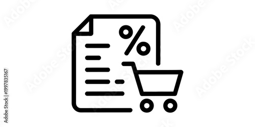 Black outline icon of a document with a percentage sign and a shopping cart representing business finance and retail sales Vector, illustration