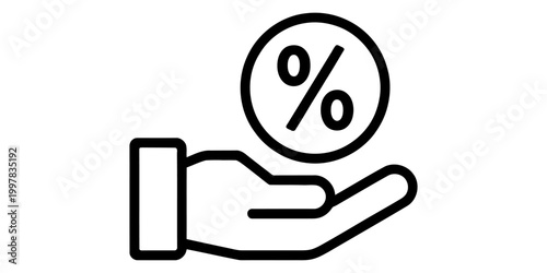 Black line icon of a hand holding a percentage sign representing discount or savings Vector, illustration