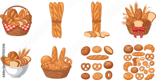 Bakery bread collection with baguettes, loaves and pastry assortment, fresh baked goods vector illustration set for food design