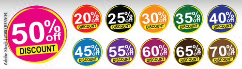 Discount circular labels set, 20, 25, 30, 35, 40, 45, 50, 55, 60, 65, 70, percent off price tags, colorful sale banners, promotion element, speech bubble style stickers, vector badges