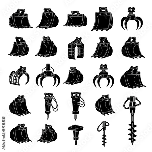 Construction equipment attachments icons set