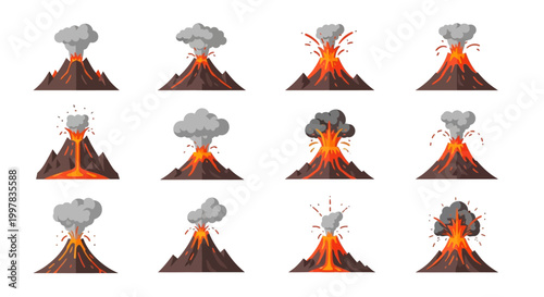 Volcano eruption set in flat design style