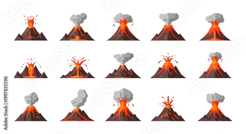 Volcano eruption icons with lava and smoke