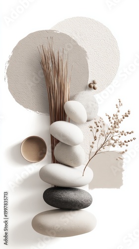 Zen Stone Balance Composition with Neutral Abstract Shapes and Dried Grass