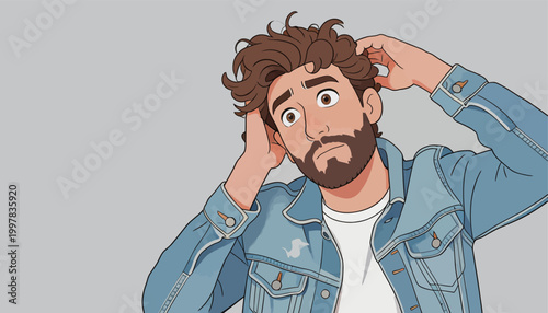 Confused Man Scratching Head with Denim Jacket