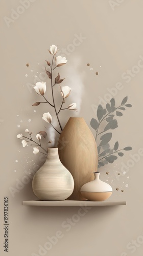 Minimalist Japandi Home Decor with Ceramic Vases and Magnolia Flowers on Shelf
