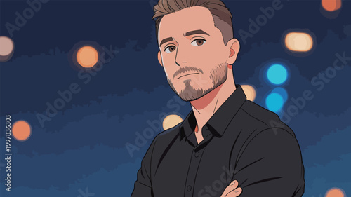 Illustration of a Serious Man in Black Shirt