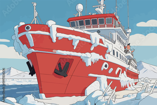 Red Icebreaker Ship in Snowy Arctic Landscape