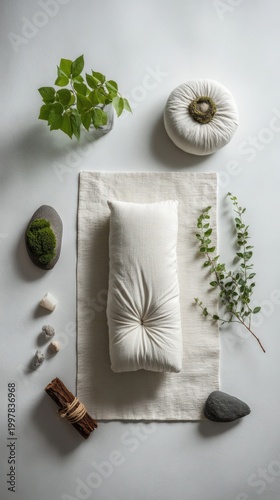 Zen Meditation Flat Lay with White Pillows, Stones and Greenery for Wellness Content