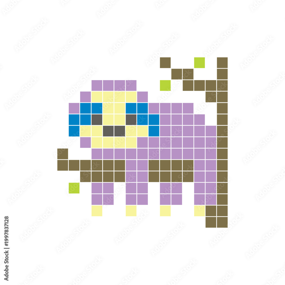 Fototapeta premium A flat pixel design made of geometric square color blocks on a clean icon layout. Pixel art sloth