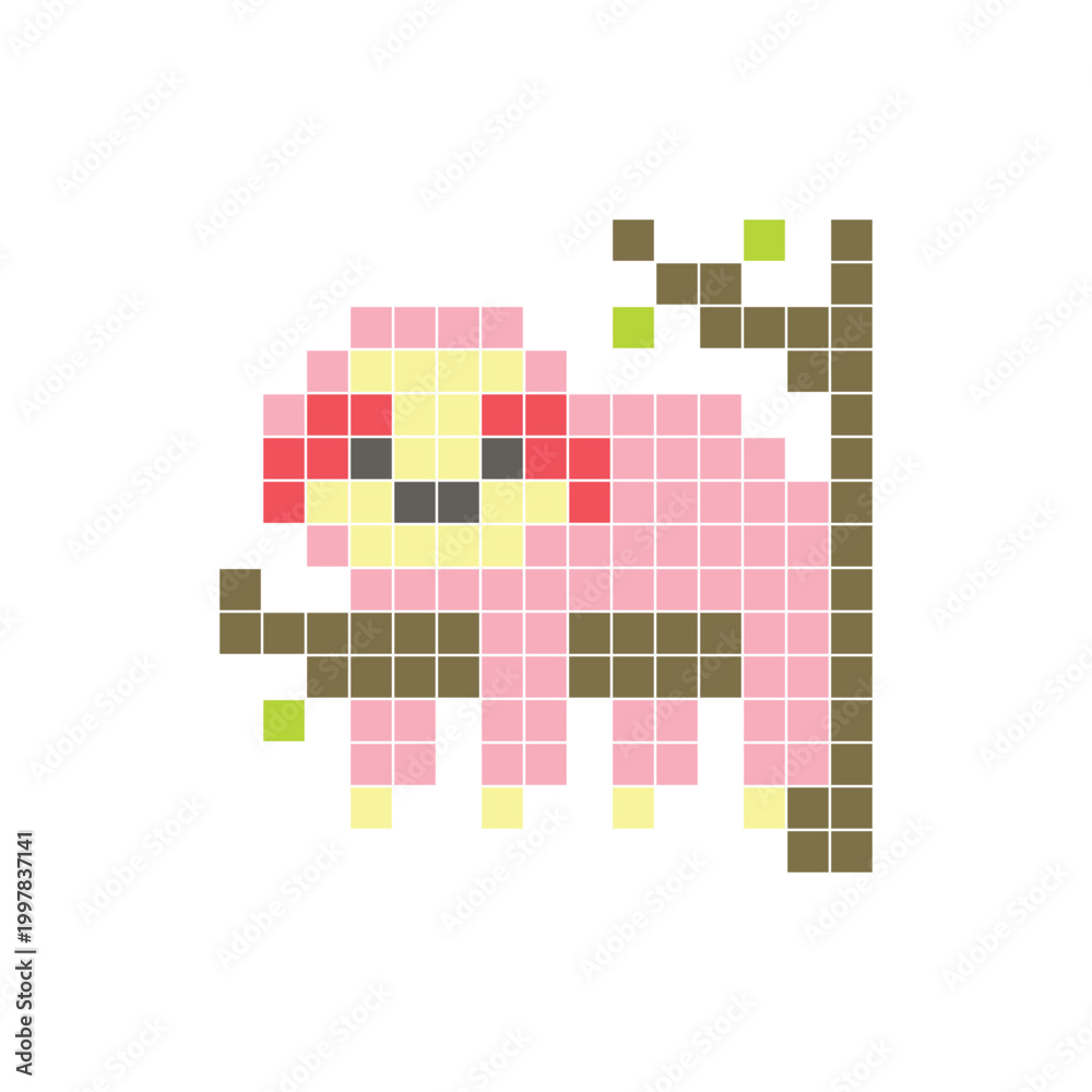 Fototapeta premium A flat pixel design made of geometric square color blocks on a clean icon layout. Pixel art sloth