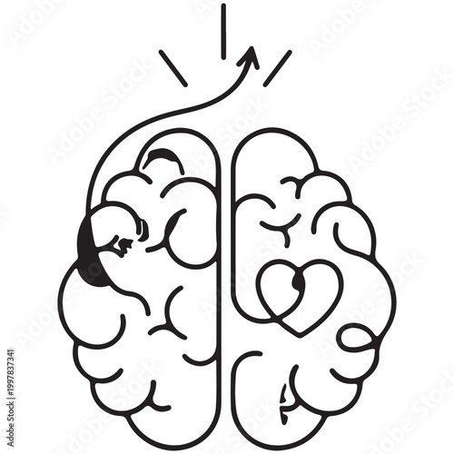 Minimalist brain line art illustration with heart and arrow symbol isolated on white background