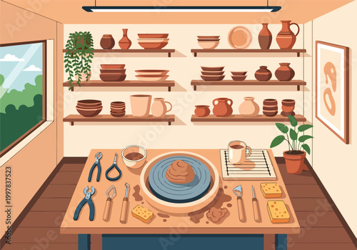 Fotografi A pottery room with a worktable and shelves