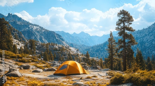 Orange tent in mountains; scenic valley background; camping; outdoor exploration