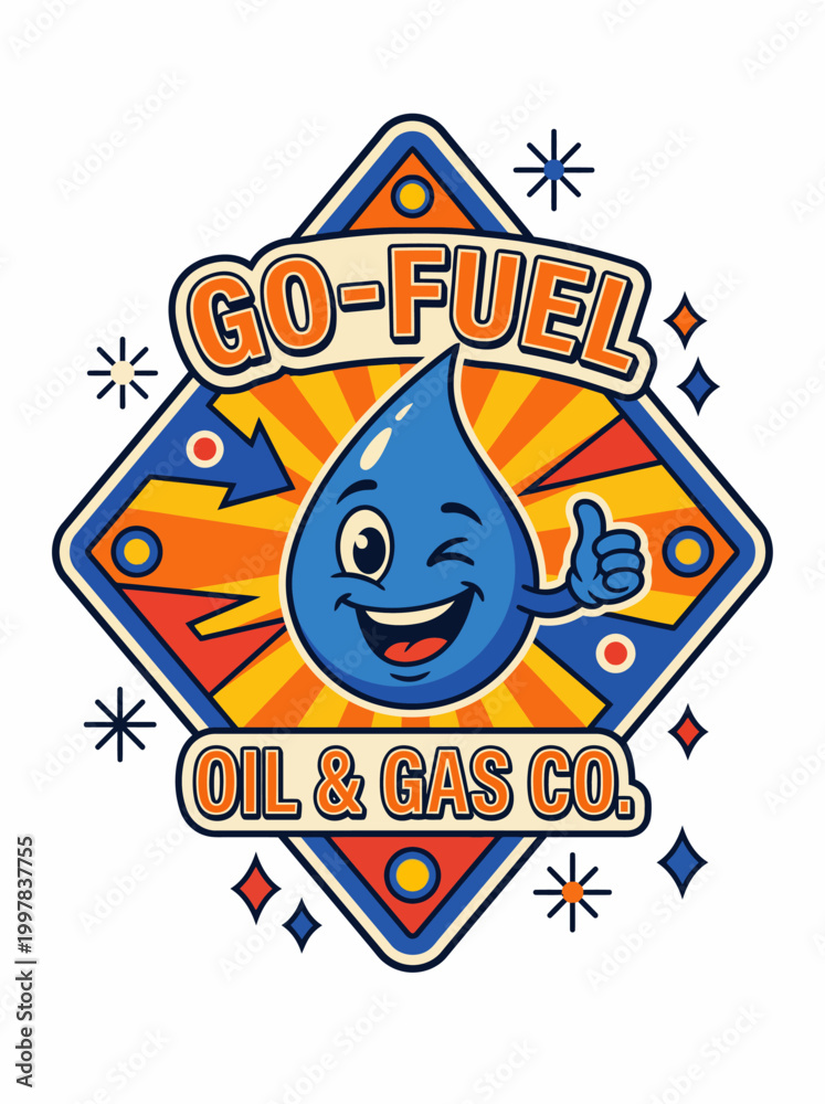 Fototapeta premium Retro cartoon pop art emblem illustrating a friendly blue droplet mascot giving a thumbs-up, symbolizing oil and gas industry energy