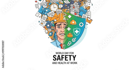 Vector illustration highlighting World Day for Safety and Health at Work depicts a worried worker in a hard hat, split with a safety shield, set against a chaotic background of workplace